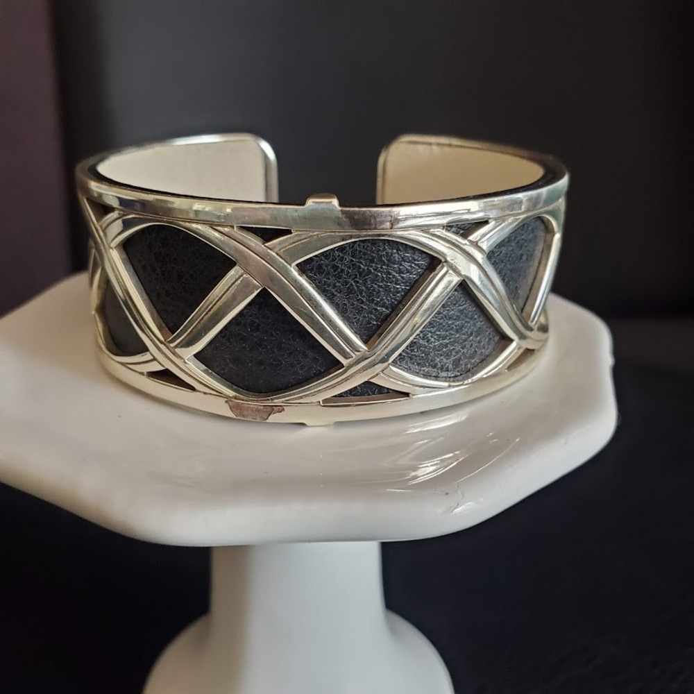 Silver-Tone Black Inlay Women's Cuff Bracelet